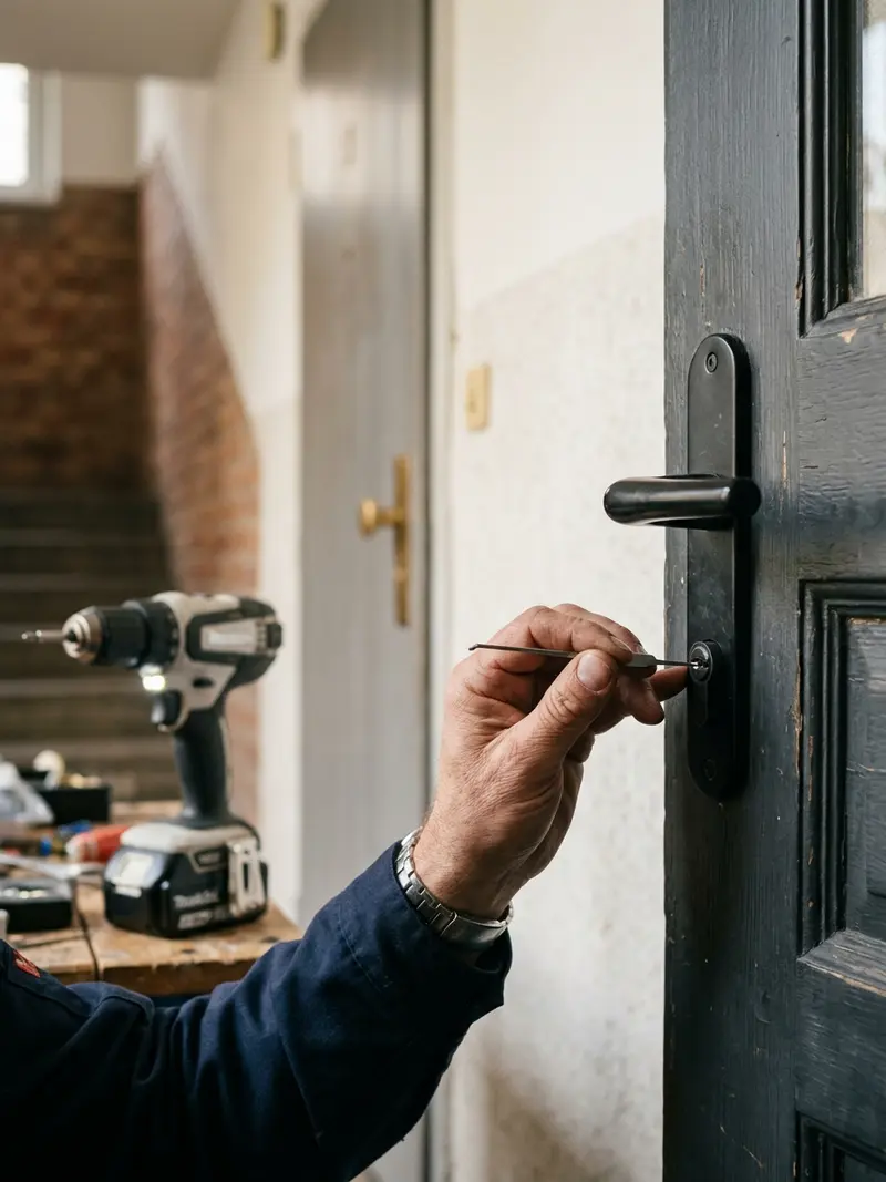 Hand mit Öffnungsnadel am Zylinder einer dunklen Wohnungstür, im Hintergrund ein Akkuschrauber