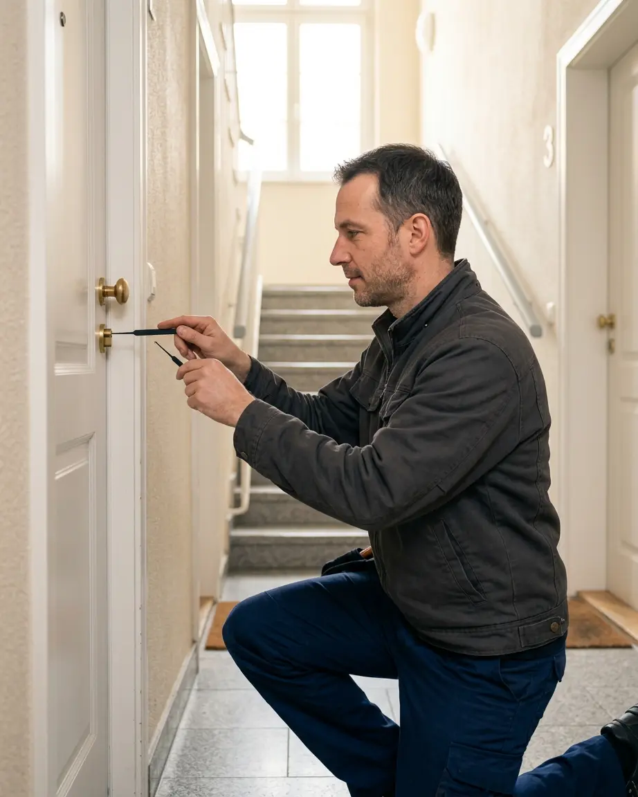 Schlüsseldienst-Techniker in dunkler Arbeitsjacke öffnet kniend eine weiße Wohnungstür im hellen Treppenhaus