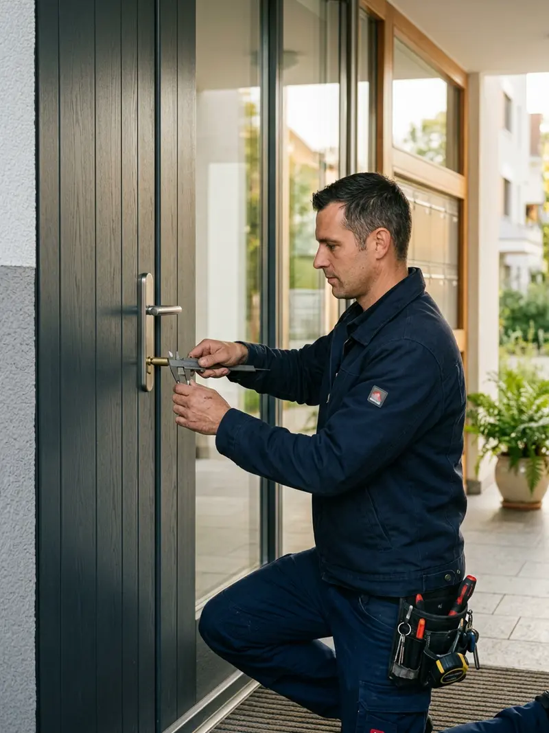 Monteur misst mit einer Schieblehre die Zylinderlänge an einer Wohnungstür