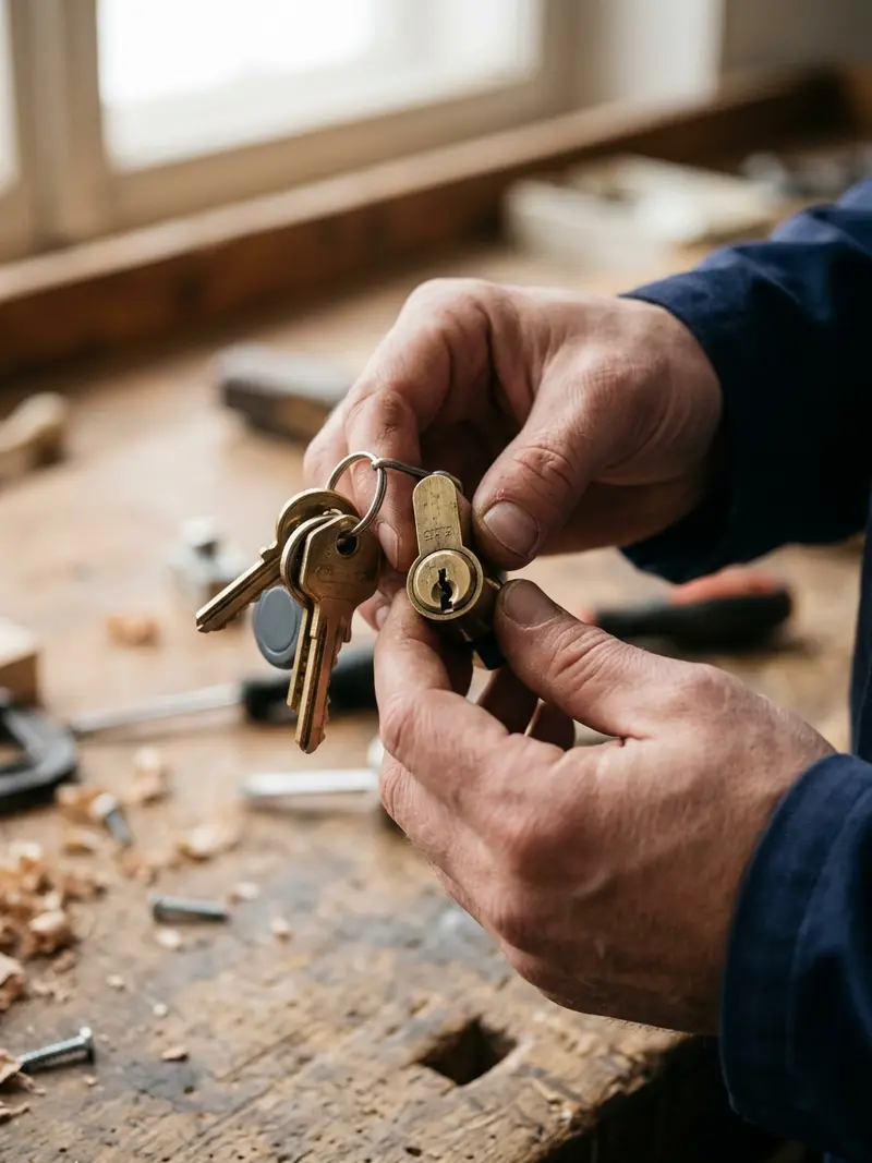 Hände halten einen Profilzylinder und mehrere Schlüssel über einer Holzwerkbank