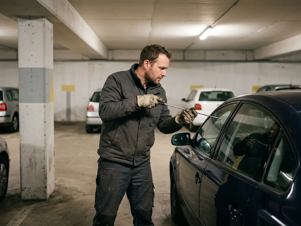 Schlüsseldienst-Techniker öffnet mit einem langen Spezialwerkzeug ein Auto in einer Tiefgarage