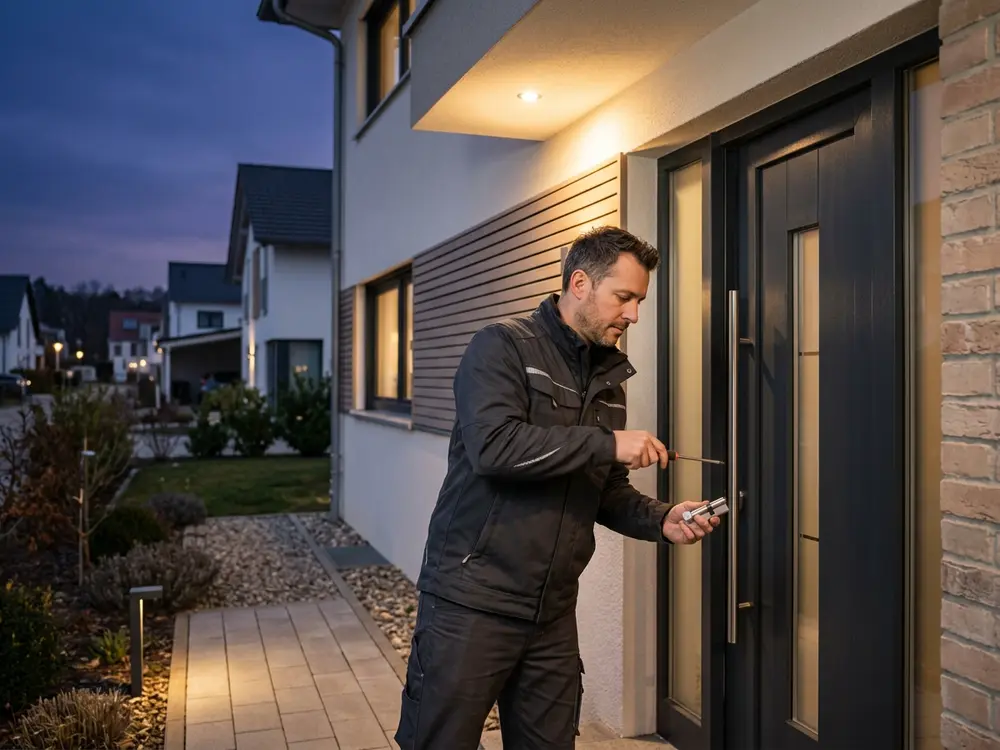 Schlüsseldienst-Techniker tauscht abends den Zylinder an der Haustür eines Einfamilienhauses