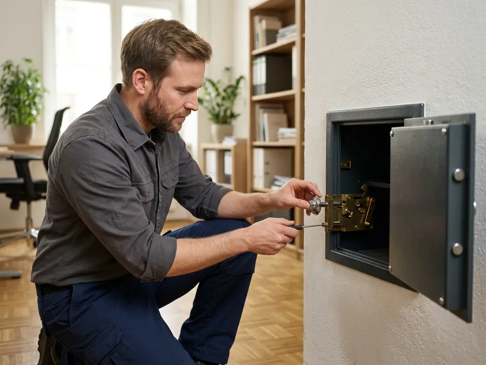 Techniker kniet vor einem geöffneten Wandtresor im Büro und stellt das Schloss neu ein