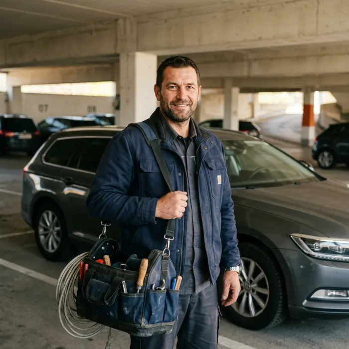 Daniel R. mit Werkzeugtasche neben einem Auto in der Tiefgarage