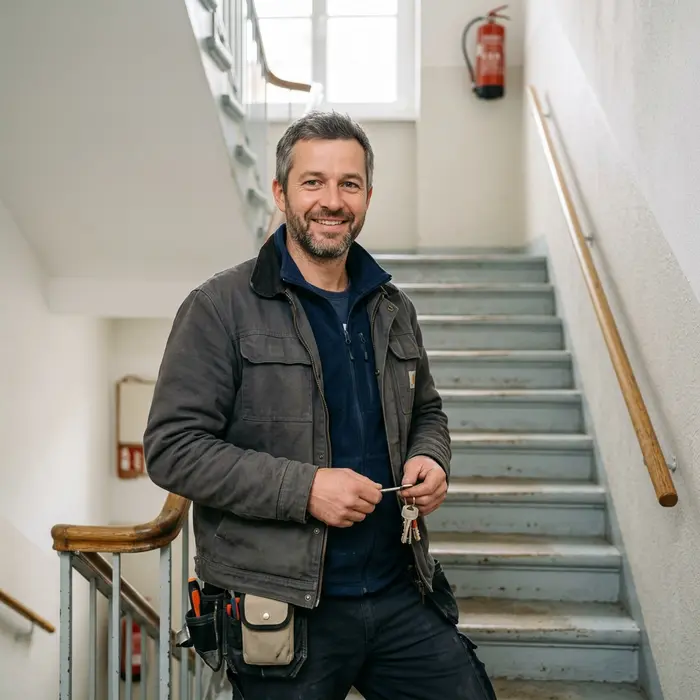 Markus H., Einsatzleiter im Notdienst, im Treppenhaus