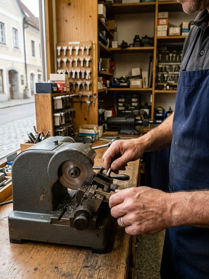 Hände eines Schlossers beim Fräsen eines Schlüsselrohlings an der Schlüsselfräsmaschine in der Werkstatt