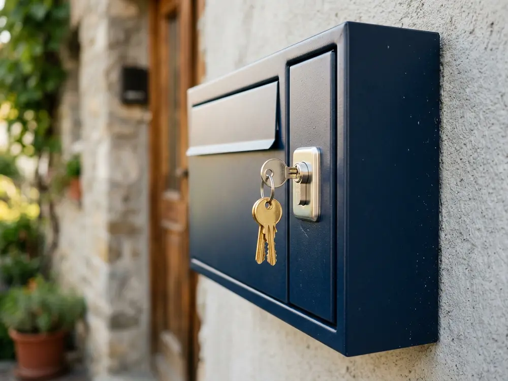 Neues Briefkastenschloss mit frischen Schlüsseln an einem sauberen Briefkasten