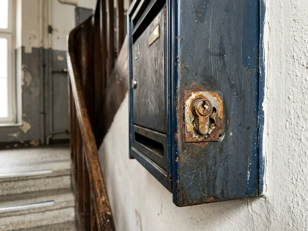Rostiges, defektes Briefkastenschloss an einem Metallbriefkasten im Stiegenhaus