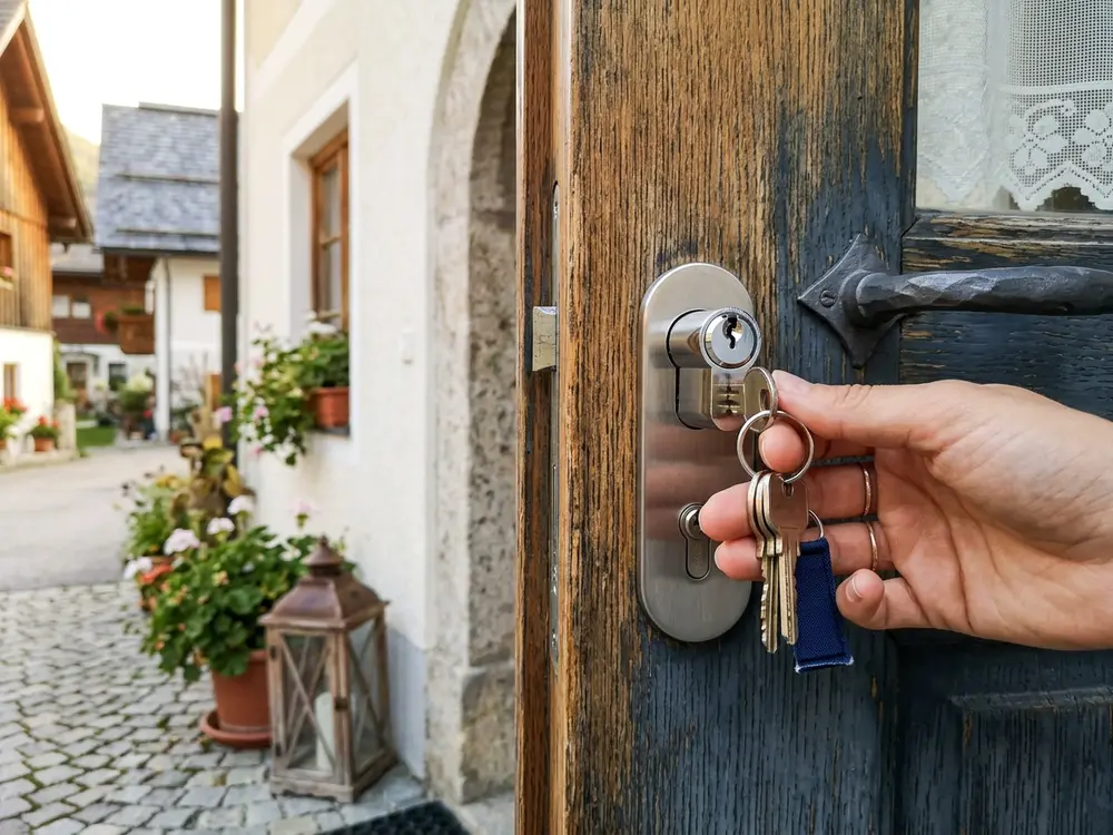 Neuer Sicherheitszylinder mit Schlüsselsatz an derselben Holz-Haustür